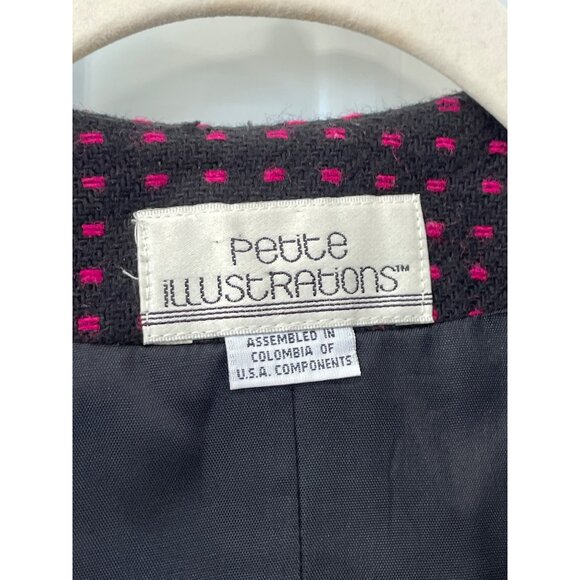 80s Vintage Petite Illustrations Blazer Jacket Size 8P Black Pink Wool Blend - Picture 3 of 6